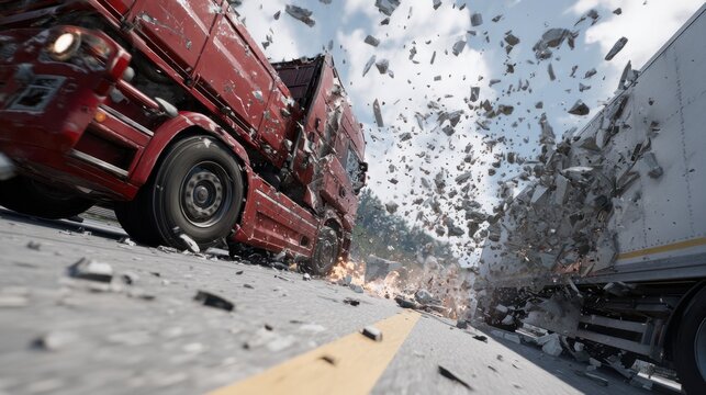 Red semi-truck colliding with white truck causing debris explosion in a highway crash scene
