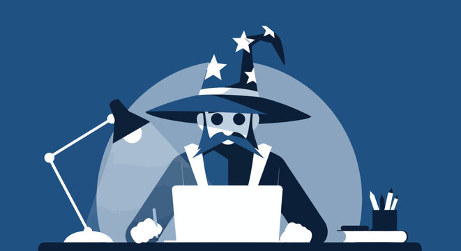 Bearded wizard in a hat working on a laptop at a desk.
