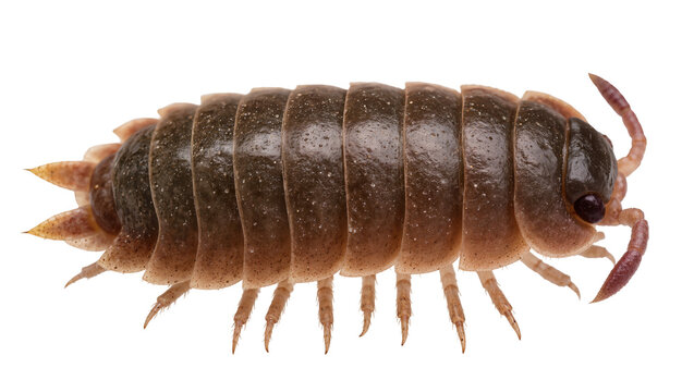 Brown segmented woodlouse with antennae and legs, isolated on transparent background