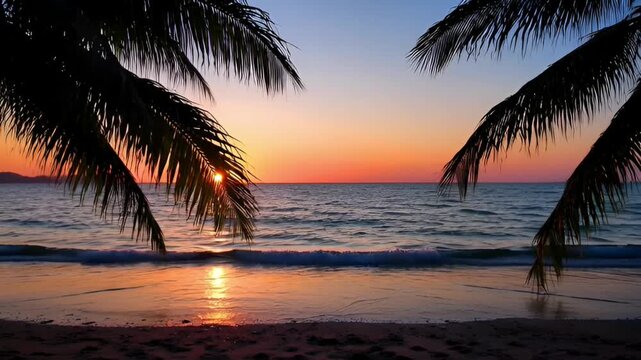 Tropical beach sunset palm trees.