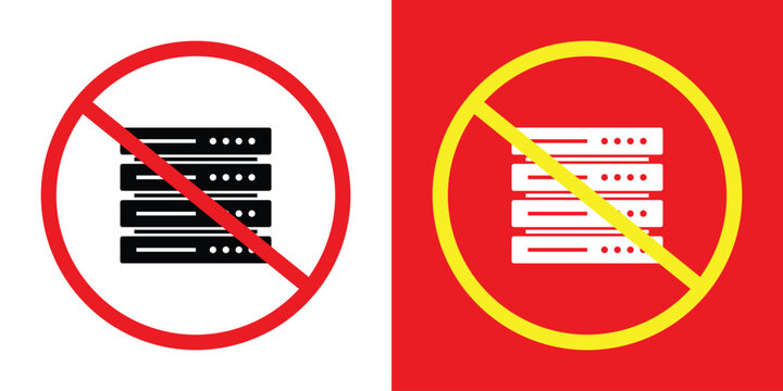 Prohibited server rack icon set. Features hardware symbols with a ban strike-through in red and yellow frames. Represents data center restrictions, no storage, or offline status.