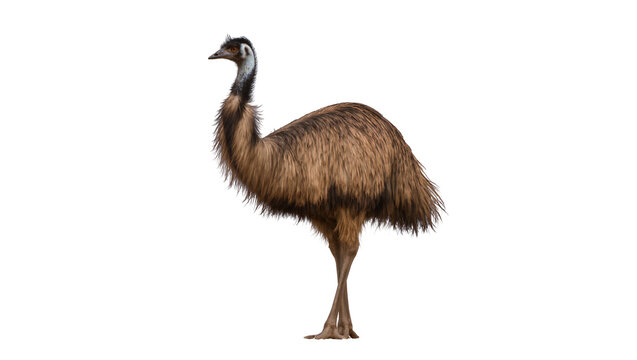 Brown emu bird with long neck and legs, isolated on transparent background