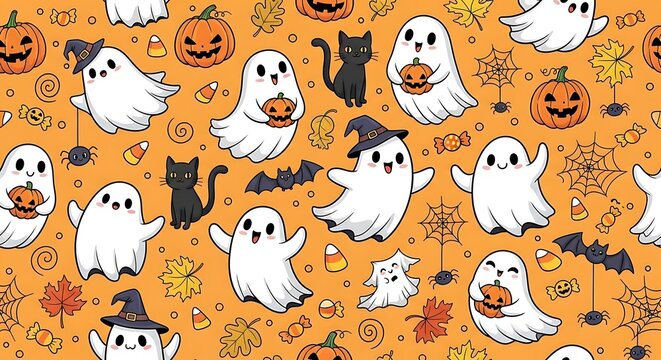 Halloween themed pattern featuring ghosts pumpkins spiders and cats on orange background