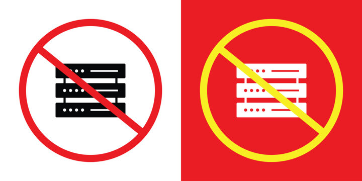 Prohibited server rack icon set. Features hardware symbols with a ban strike-through in red and yellow frames. Represents data center restrictions, no storage, or offline status.