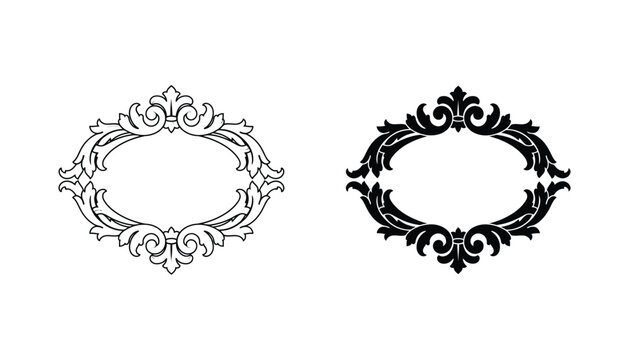 Ornate oval frame decorative scrollwork outline and solid black vector ornamental border isolated