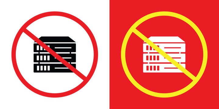 Prohibited server rack icon set. Features hardware symbols with a ban strike-through in red and yellow frames. Represents data center restrictions, no storage, or offline status.