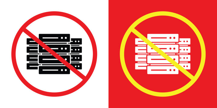 Prohibited server rack icon set. Features hardware symbols with a ban strike-through in red and yellow frames. Represents data center restrictions, no storage, or offline status.