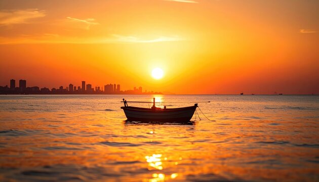 A serene scene captures a small boat bobbing peacefully on calm waters as the sun descends, painting the sky ablaze
