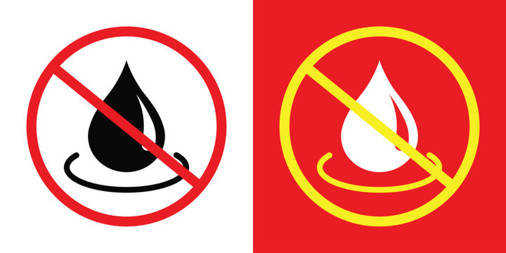 Prohibitory sign set featuring a water drop with a strike-through. Includes black on white with a red border and white on red with a yellow border. Ideal for safety and restriction labeling.