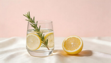 Fototapeta premium Lemon water with rosemary in glass