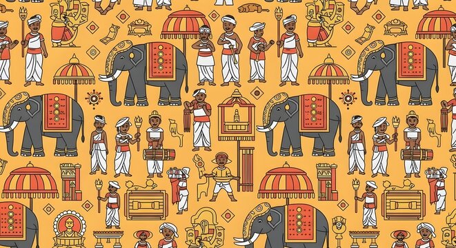 Traditional Sri Lankan Kandy procession pattern with decorated elephants