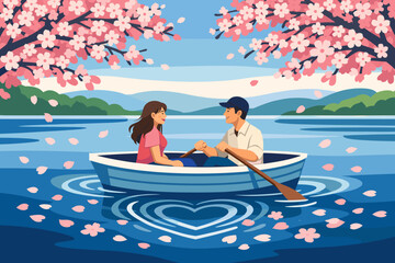 Obraz premium Couple enjoys a boat ride on a lake surrounded by cherry blossom trees during springtime
