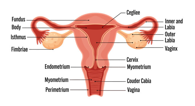 Female Reproductive System Anatomy Diagram with Labels.
