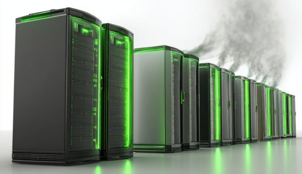 Row of modern green and black server cabinets with sleek metallic surfaces and illuminated accents in a data center
