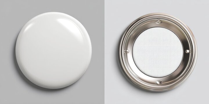 A set of two isolated circular objects, one shiny white, the other showing the metal backing with a white interior