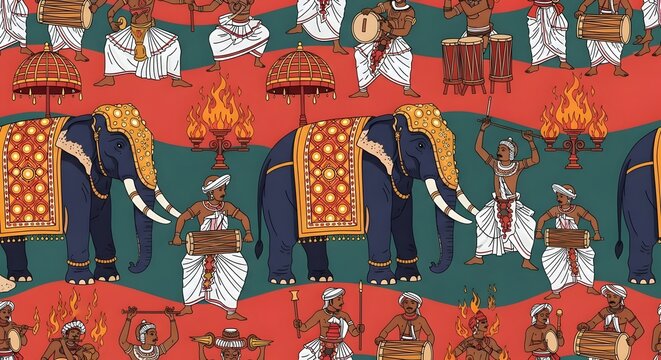 Sri Lankan Kandy Esala Perahera parade with decorated elephants and drummers