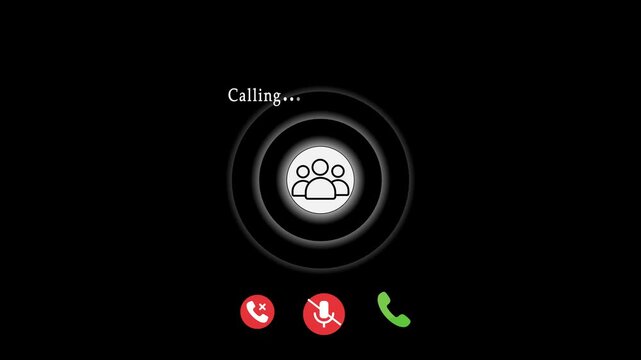 Video call interface with calling text and person icon on black communication online. 4k video animation