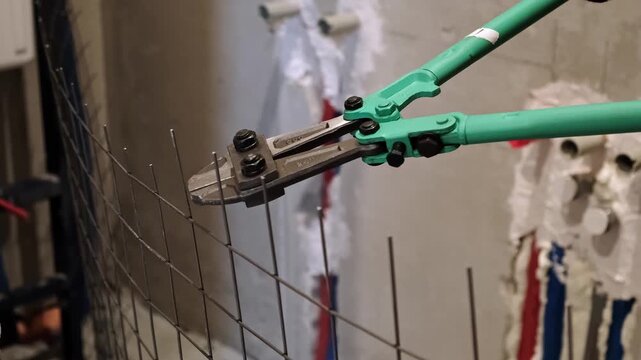 Heavy-duty bolt cutters cutting through a metal wire mesh in an industrial environment. Large scissors for steel. Hands equipment. Handle work is on construction site. High quality 4k footage.