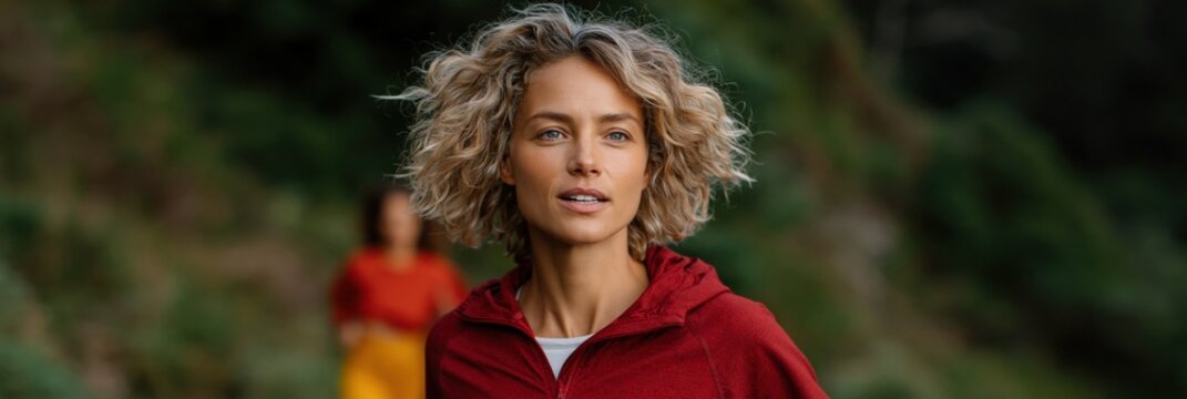 Young woman jogging on hillside trail near forest edge during day