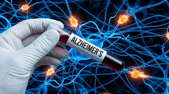 Gloved hand holding a blood sample test tube for Alzheimer s disease diagnosis against a background of neural networks and brain cells.
