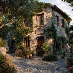 Fototapeta premium Quaint stone cottage nestled amidst lush foliage and blooming flowers