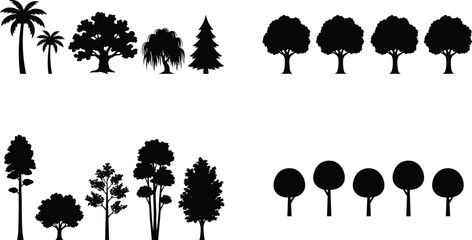 Various Tree Silhouette Icons Featuring Palm Pine Willow and Minimal Forest Nature Vector Collection © Millat