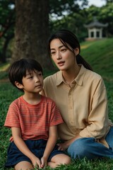 Fototapeta premium Mother and son seated together on grass near large tree pavilion