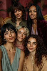 Fototapeta premium Group of women posing together in indoor portrait setting