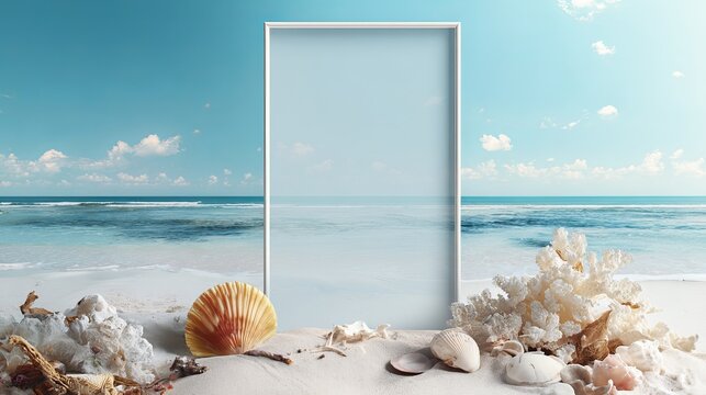 A white vertical frame sits on sandy beach surrounded by seashells and coral in this bright summer vacation travel photo