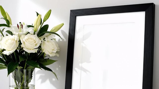 Black picture frame with white flowers.
