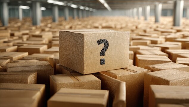 A single cardboard box with a question mark stands out in a large warehouse