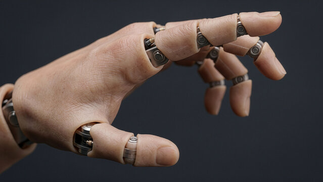 Realistic Humanoid Robotic Hand with Skin-Like Texture and Visible Mechanical Finger Joints Reaching Forward Against Dark Gray Background &mdash; AI Prosthetics and Cyborg Technology Concept