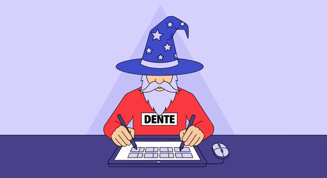 Wizard at Desk with Tablet and Stylus, Engaged in Creative Work.