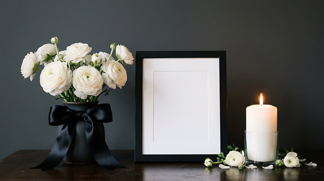 Blank black picture frame mockup with white ranunculus flowers and a lit candle on a dark background for a funeral or memorial service