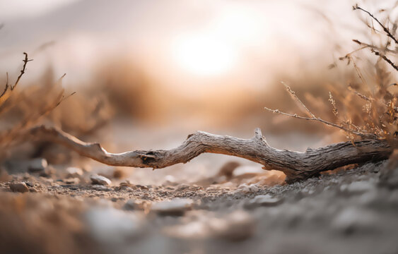 Gnarled dry branch on dusty ground with soft, blurred sun glow