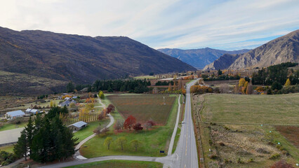 Obraz premium Aerial View of a Scenic Road Through Queenstown Vineyards and Mountains