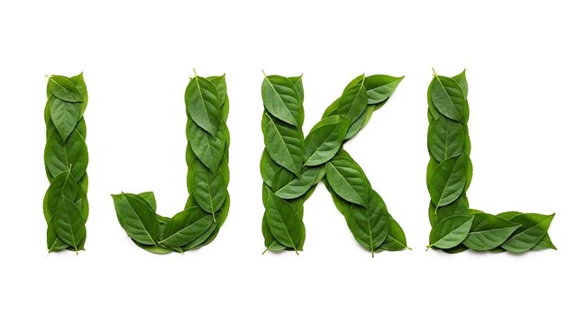 Alphabet Letters I J K L Made of Green Leaves on White Background.