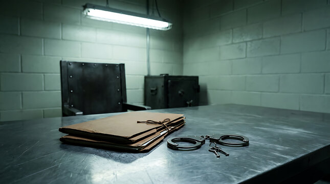 Handcuffs and a legal case file folder on a metal table in a dimly lit police interrogation room with a metal chair.
