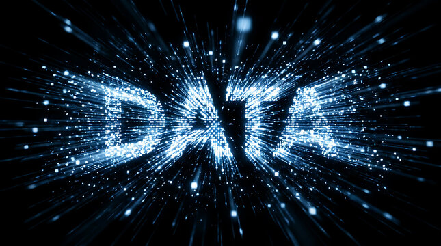 Futuristic digital data word formed by glowing blue particles with motion blur on a black background representing big data and high speed technology