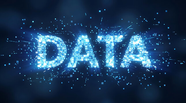 Glowing blue word DATA formed by digital cubes and pixels on a dark background representing big data and information technology.