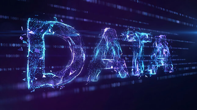 Big data concept featuring the word data formed by glowing blue particles and digital binary code on a dark background - 3d illustration