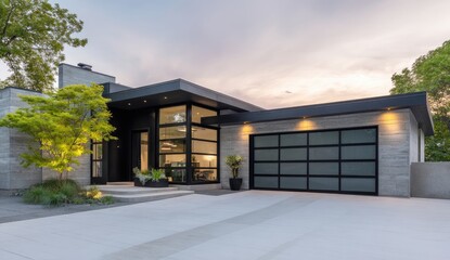 Naklejka premium Modern concrete home with large glass windows and garage door