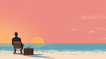 Obraz premium Professional businessman in a suit sitting on a wooden chair on the beach looking at the sunset in this photograph
