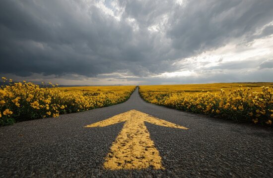 An asphalt road splits into two paths through a field of vibrant yellow flowers
