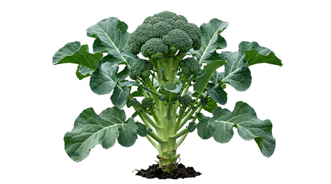 Fresh green broccoli plant growing in soil, organic vegetable garden crop on white background, raw broccoli head with large leaves