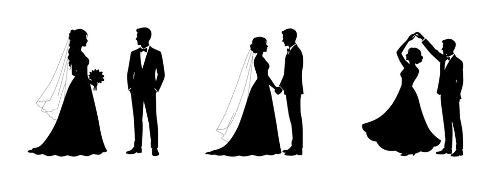 Set of bride and groom silhouettes with wedding dance, romantic poses and elegant bridal fashion in minimalist style