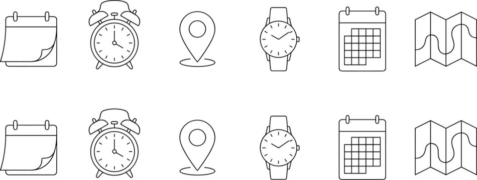Time, Calendar, and Location Icons Set for Websites, Apps, Digital Media, and Scheduling Designs