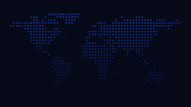 Animated dotted world map with moving light gradient on dark background. Abstract global network and digital communication motion graphic.