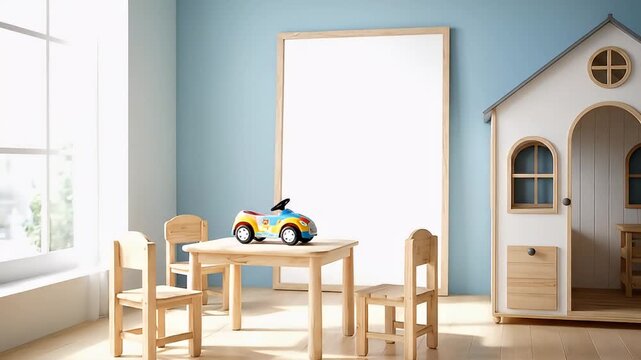 childrens playroom with wooden furniture.