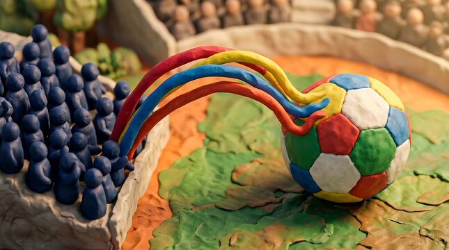 Playful claymation soccer scene with rainbow and stadium crowd